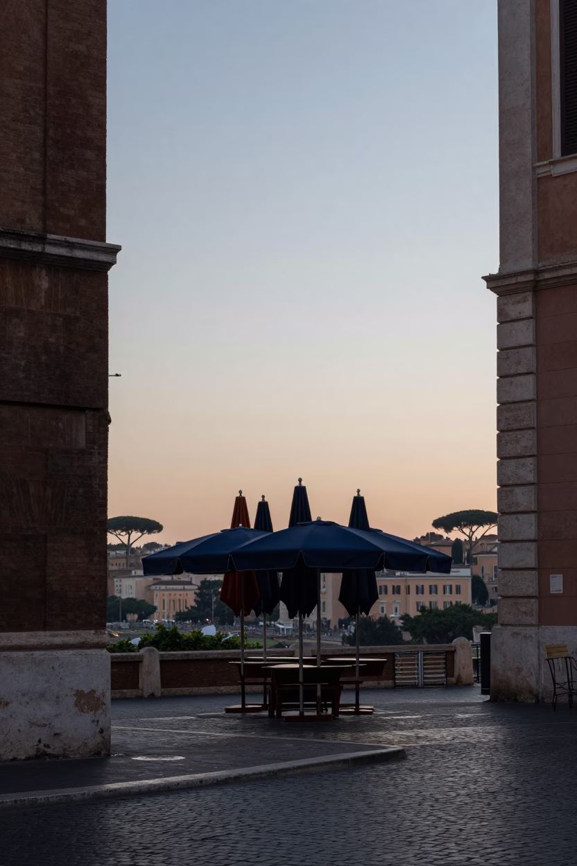 Nautical Dawn Street Scene in Rome Italy with Umbrellas and Window Boxes in in Rome, Italy