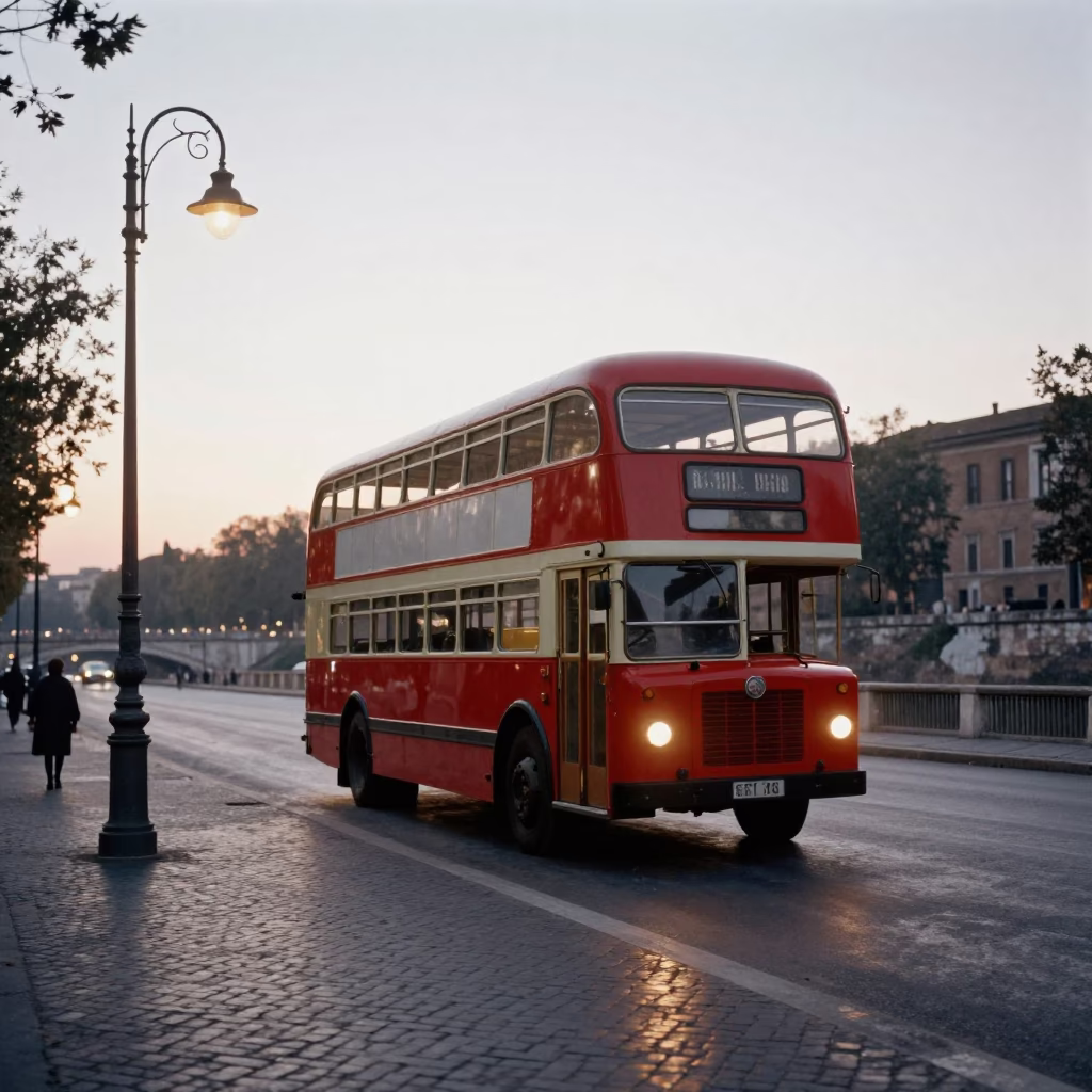 Nautical Dawn Street Scene in Rome Italy with Vintage Double-Decker Bus in in Rome, Italy