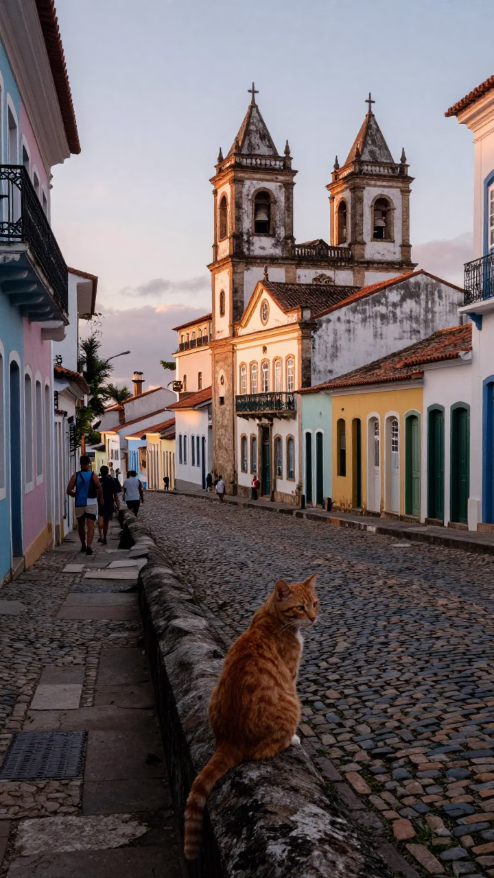 Nautical Dawn Street Scene in Salvador Brazil with Ginger Cat and Guitar in in Salvador, Brazil