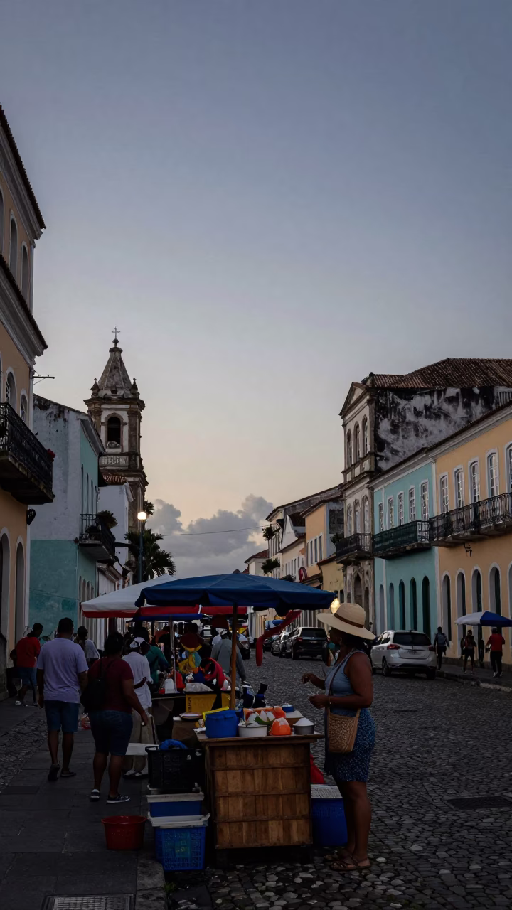 Nautical Dawn Street Scene in Salvador Brazil with Local Market Activity in in Salvador, Brazil