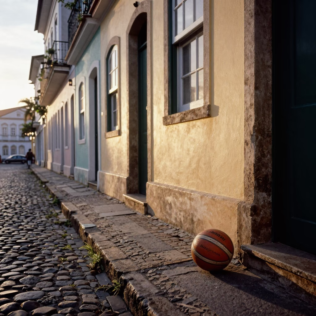 Nautical Dawn Street Scene in Salvador Brazil with Vintage Leather Basketball and Concrete Architecture in in Salvador, Brazil