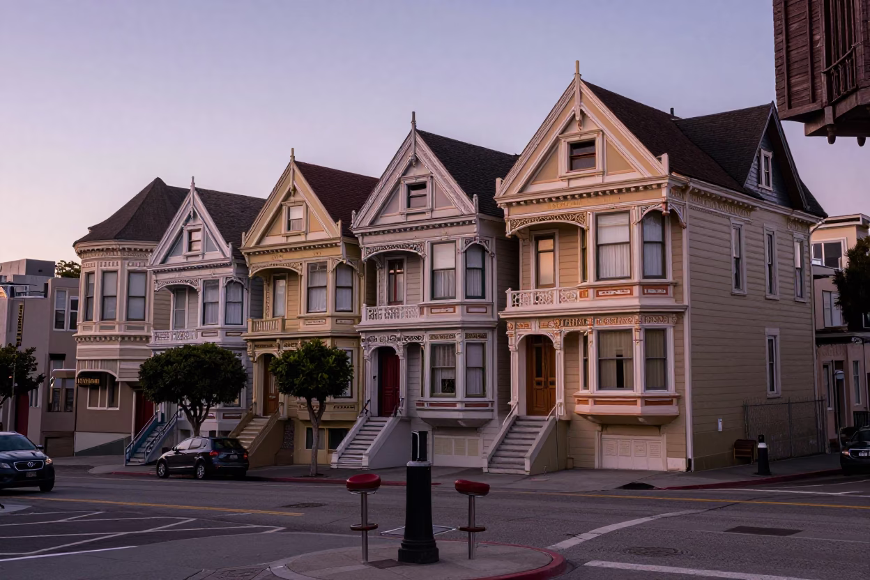 Nautical Dawn Street Scene in San Francisco with Bar Stools and Urban Architecture in in San Francisco, California, United States