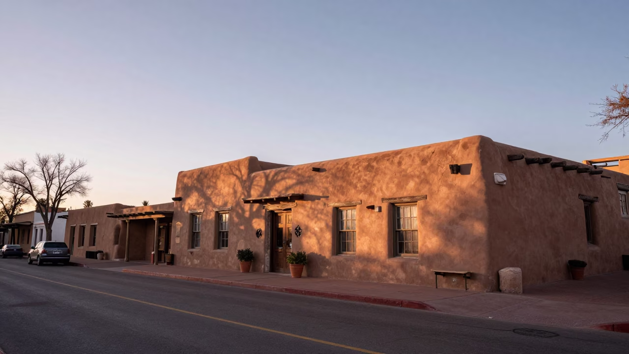 Nautical Dawn Street Scene in Santa Fe New Mexico with Adobe Architecture in in Santa Fe, New Mexico, United States