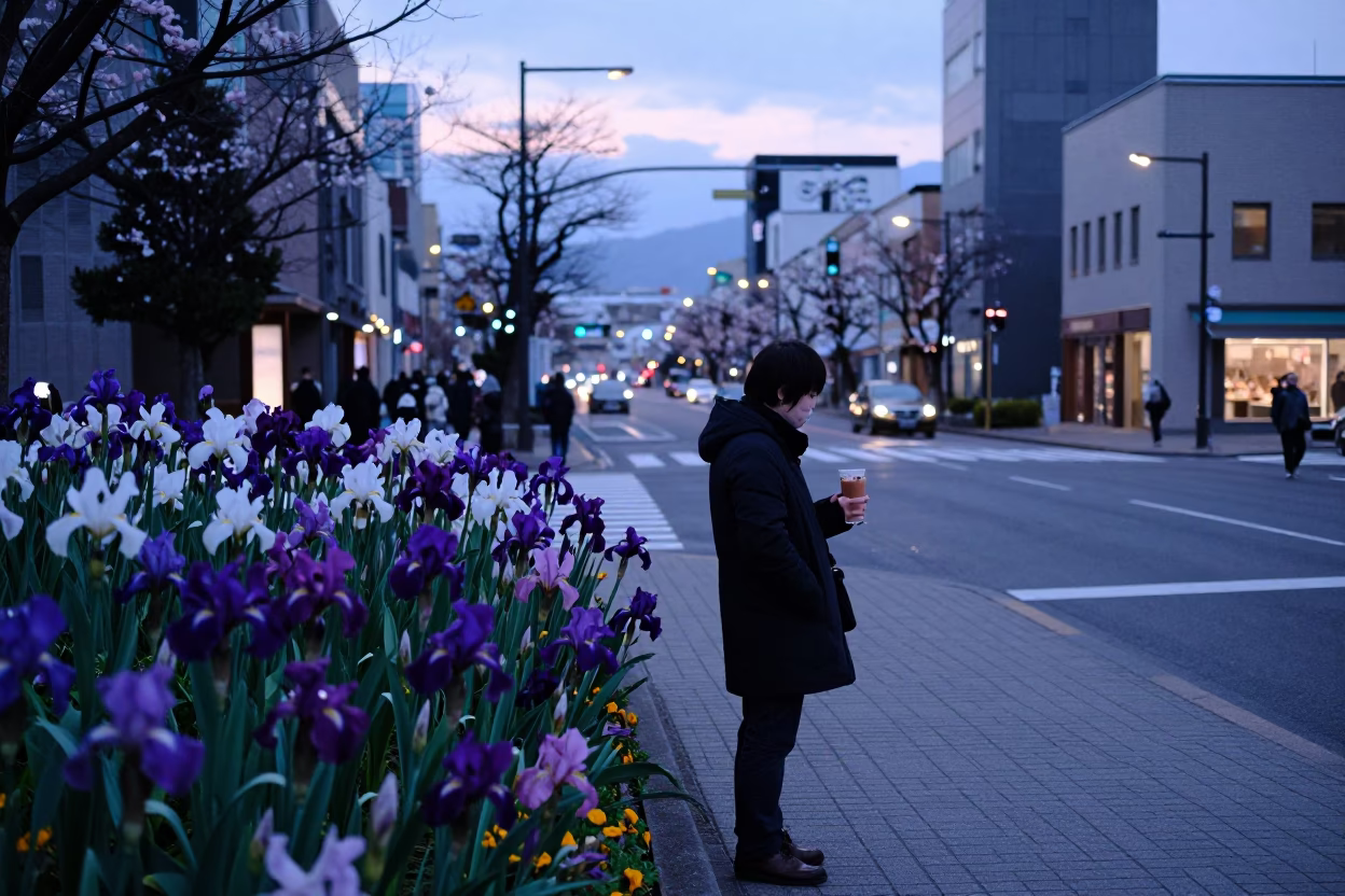 Nautical Dawn Street Scene in Sapporo Japan with Iris Garden and Local Morning Commute in in Sapporo, Japan