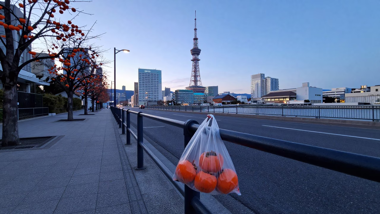 Nautical Dawn Street Scene in Sapporo Japan with Persimmons and Urban Architecture in in Sapporo, Japan