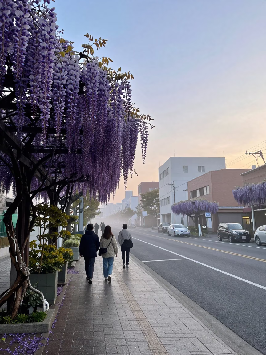 Nautical Dawn Street Scene in Sapporo Japan with Wisteria Pergola and Urban Morning Light in in Sapporo, Japan
