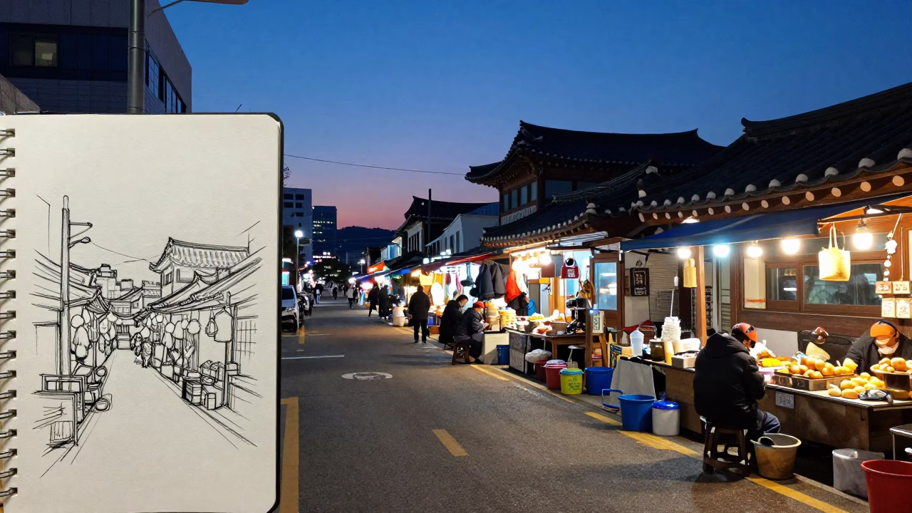 Nautical Dawn Street Scene in Seoul South Korea with Charcoal Sketchbook in in Seoul, South Korea