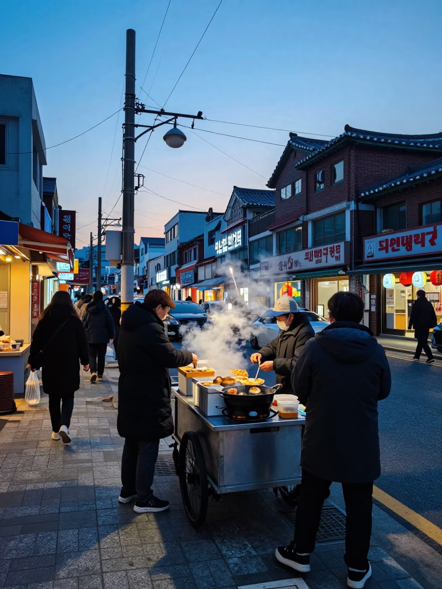 Nautical Dawn Street Scene in Seoul South Korea with Vintage 1980s Atmosphere in in Seoul, South Korea