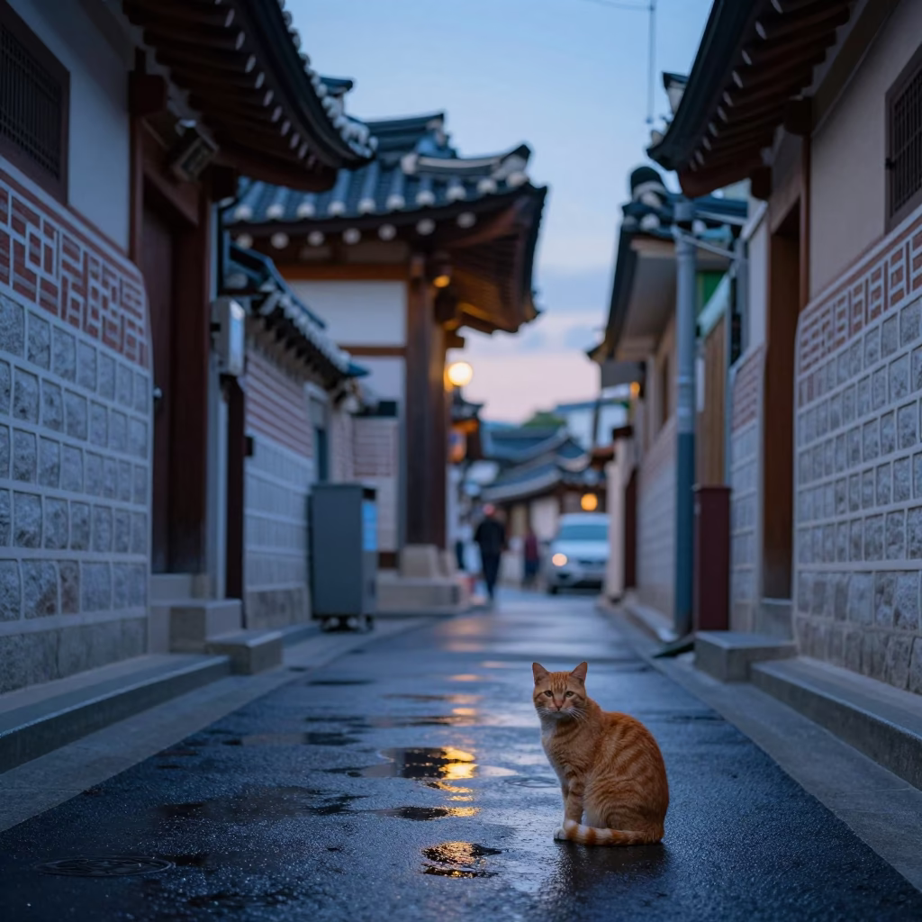 Nautical Dawn Street Scene in Seoul with Ginger Cat and Kettle in in Seoul, South Korea