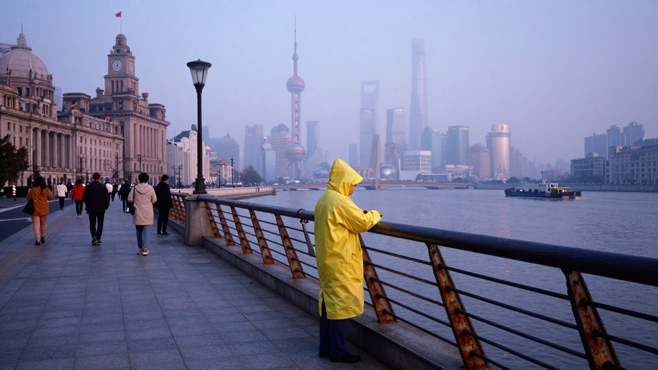 Nautical Dawn Street Scene in Shanghai China with Colorful Morning Activity in in Shanghai, China