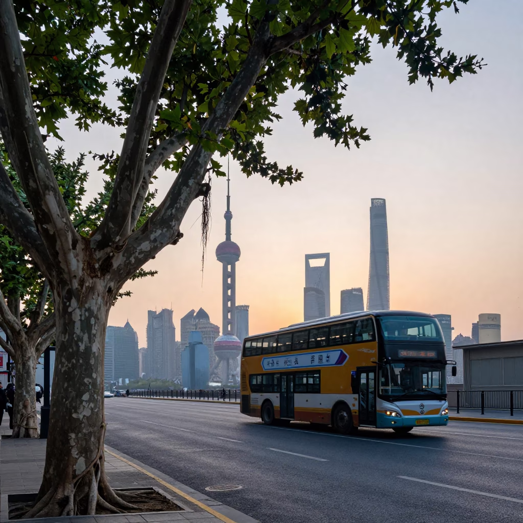 Nautical Dawn Street Scene in Shanghai China with Double Decker Bus and Banyan Tree in in Shanghai, China