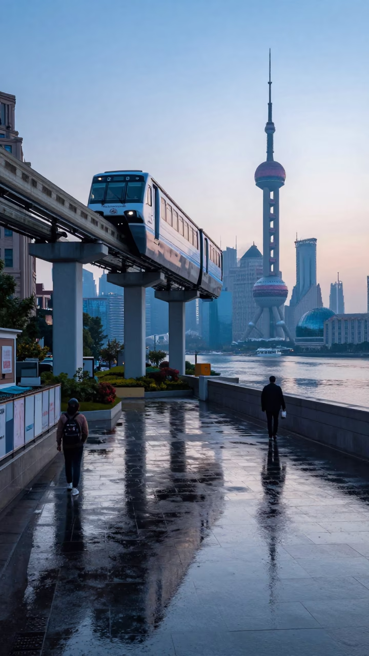Nautical Dawn Street Scene in Shanghai China with Monorail Reflection and Lanterns in in Shanghai, China