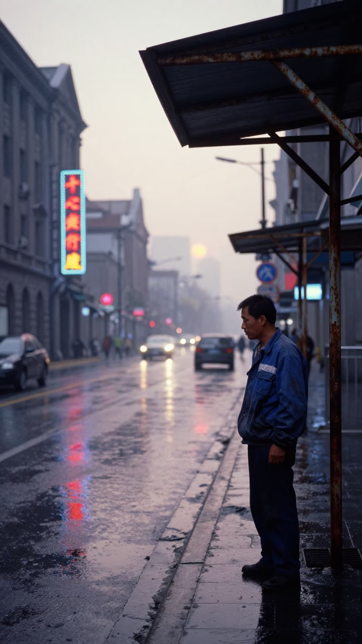 Nautical Dawn Street Scene in Shanghai China with Rain and Daily Life in in Shanghai, China