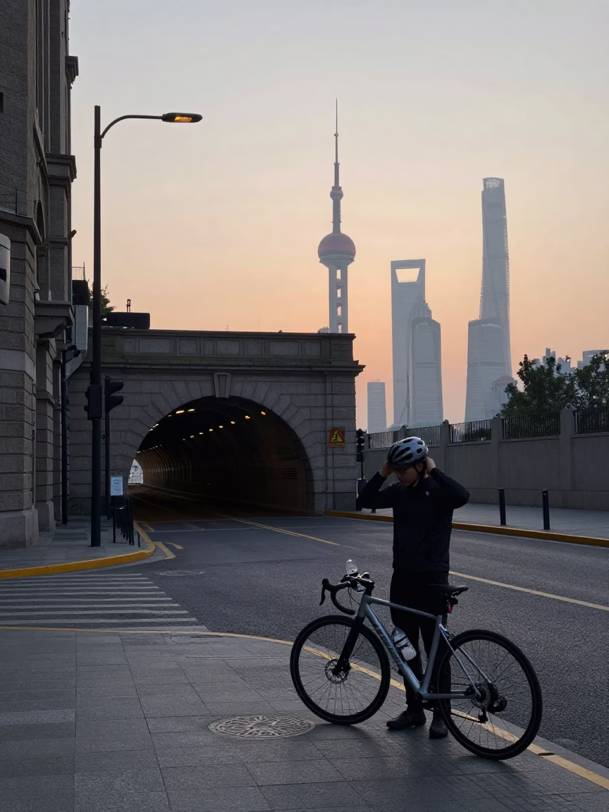 Nautical Dawn Street Scene in Shanghai China with Tunnel Portal and Water Bottle in in Shanghai, China