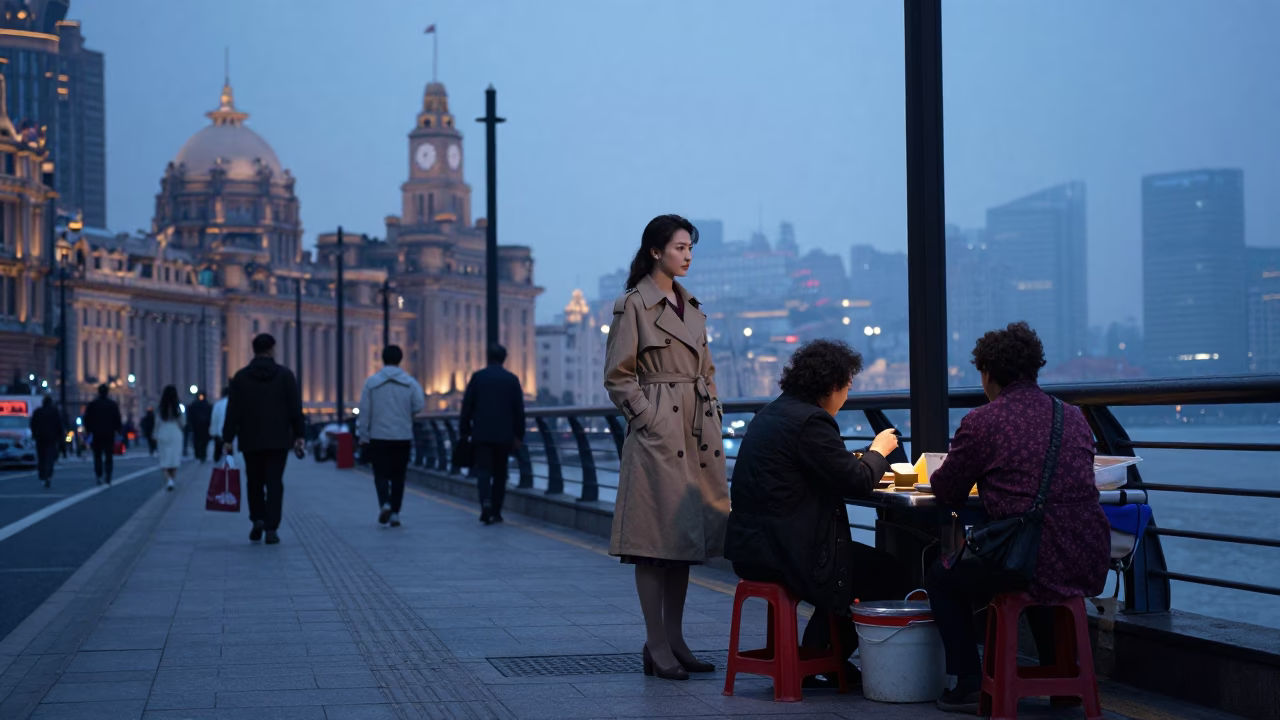 Nautical Dawn Street Scene in Shanghai China with Vintage 1990s Fashion Aesthetic in in Shanghai, China