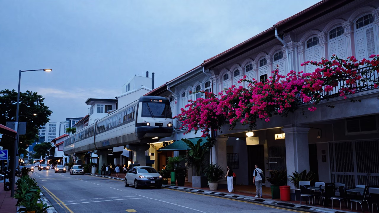 Nautical Dawn Street Scene in Singapore with Monorail and Bougainvillea in in Singapore, Singapore