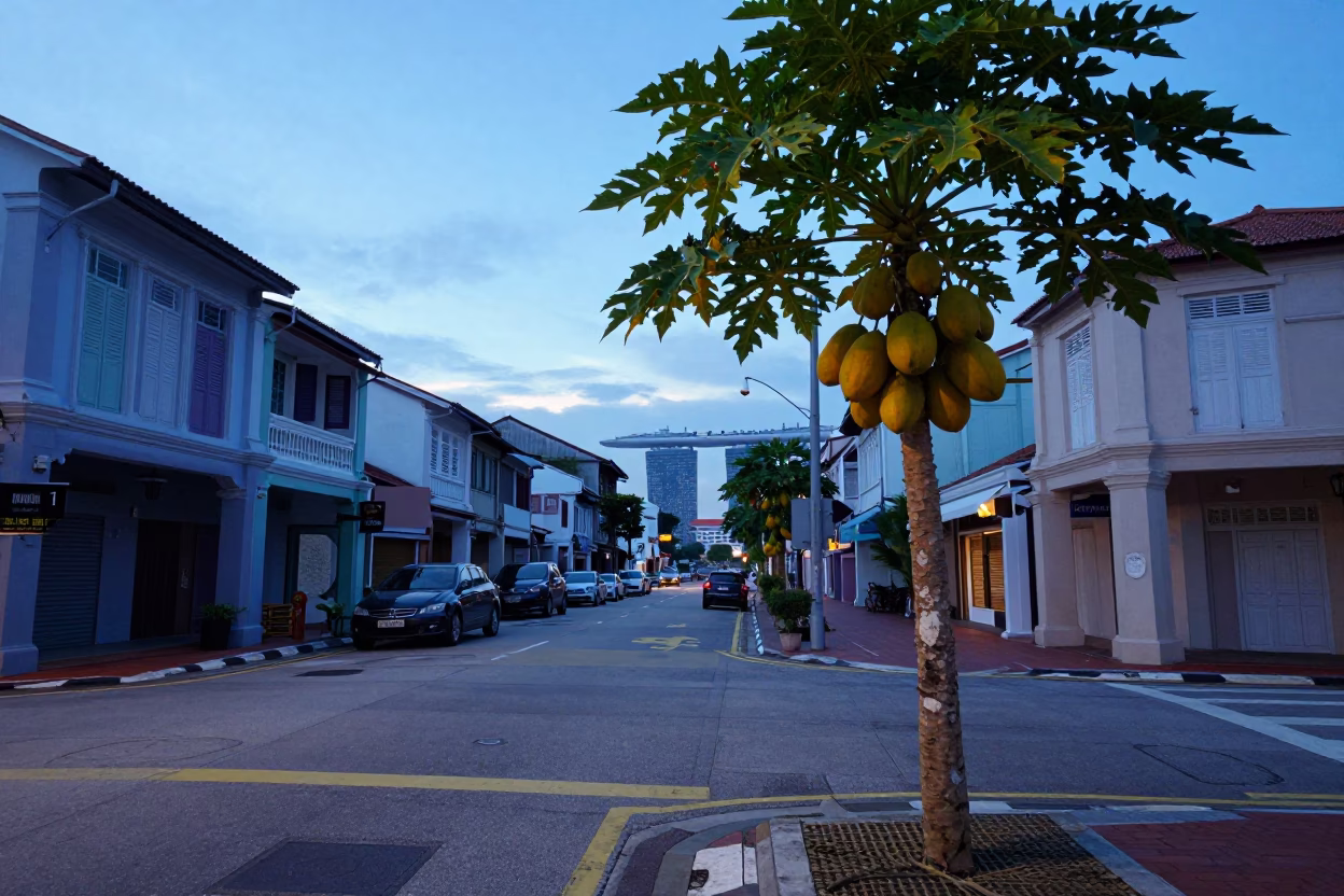 Nautical Dawn Street Scene in Singapore with Papaya Tree and Faded Graduation Chairs in in Singapore, Singapore