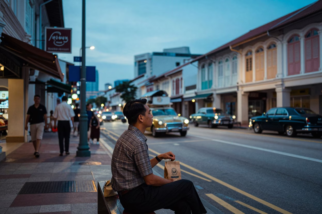 Nautical Dawn Street Scene in Singapore with Vintage 1950s Aesthetic in in Singapore, Singapore