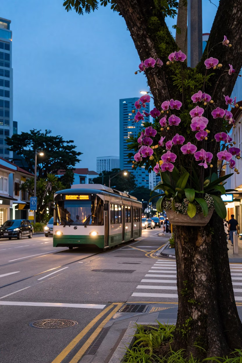 Nautical Dawn Street Scene in Singapore with Vintage Monorail Reflection and Tropical Greenery in in Singapore, Singapore