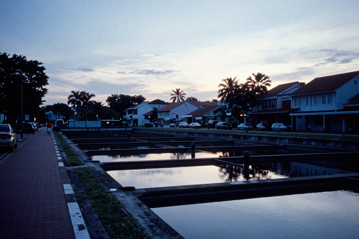 Nautical Dawn Street Scene in Singapore with Water Treatment Basin Reflections and Industrial Clouds in in Singapore, Singapore