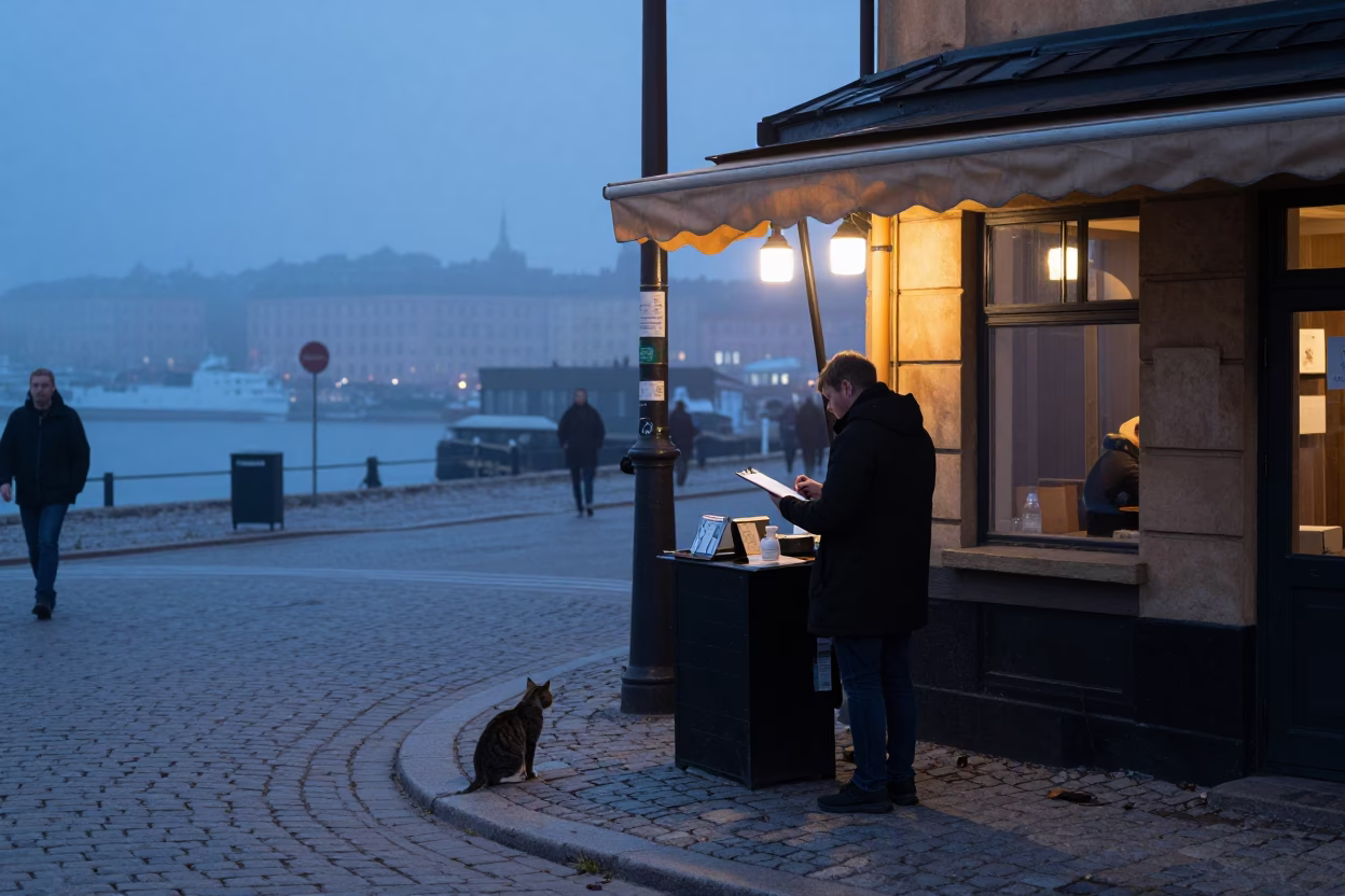 Nautical Dawn Street Scene in Stockholm Sweden with Clipboard and Cat in in Stockholm, Sweden