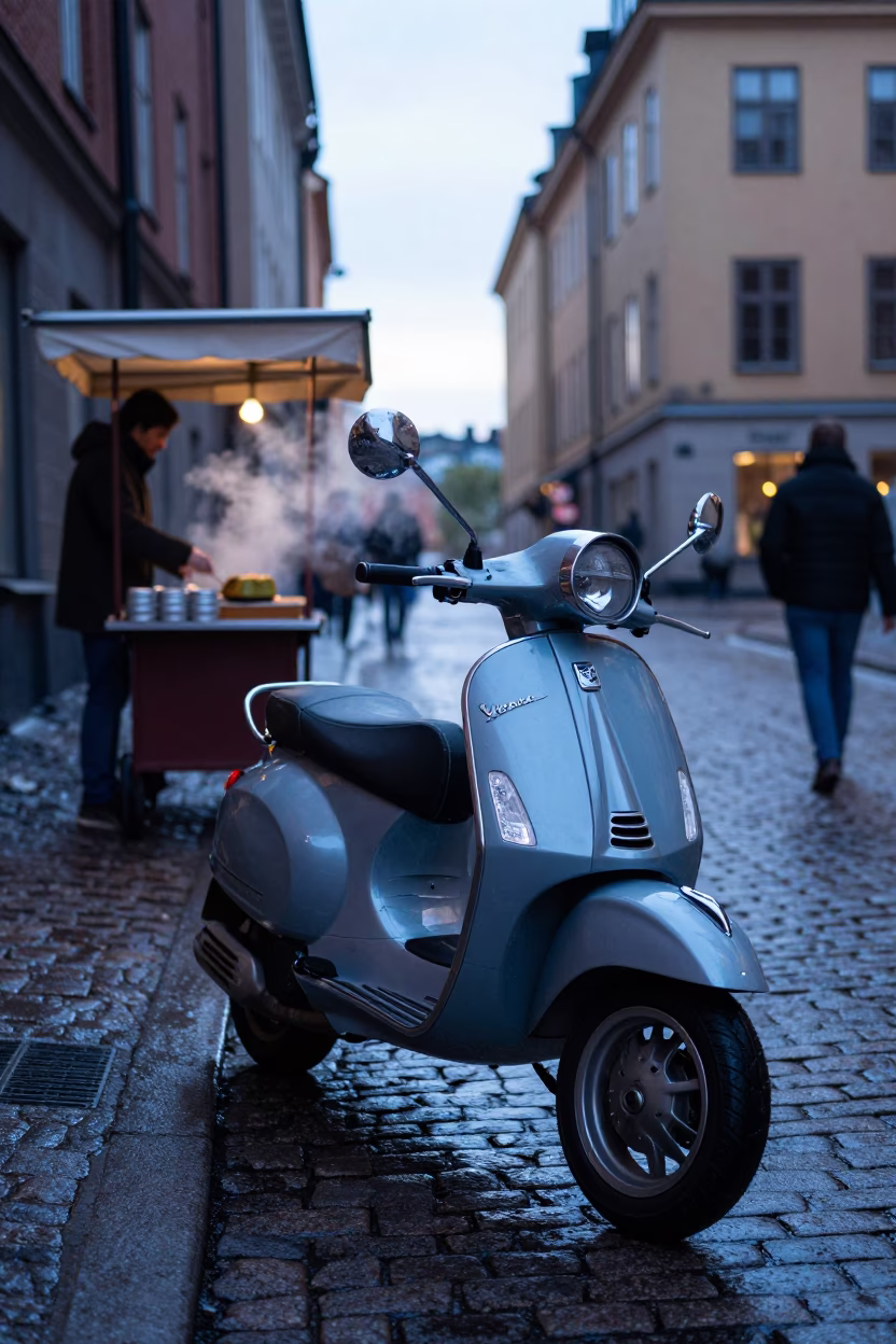 Nautical Dawn Street Scene in Stockholm Sweden with Vintage Vespa in in Stockholm, Sweden