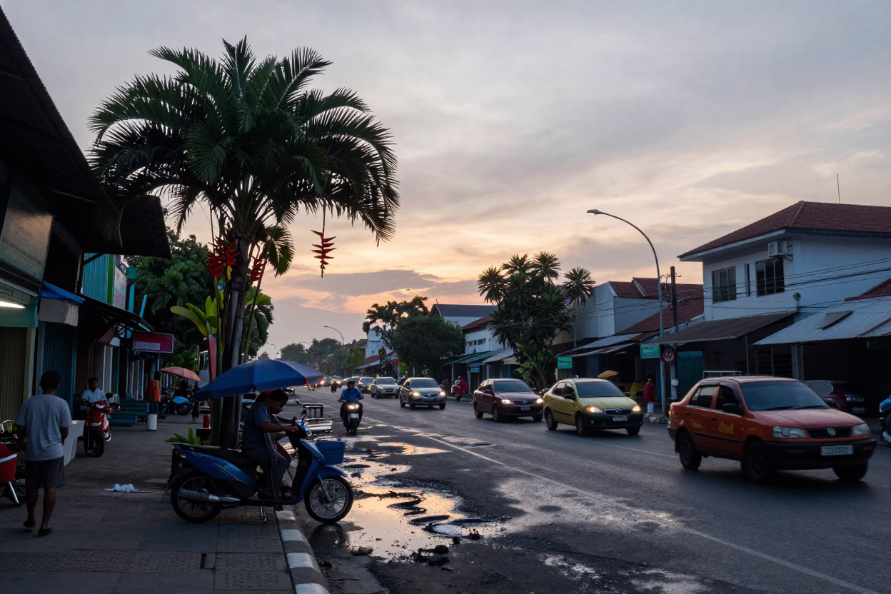 Nautical Dawn Street Scene in Surabaya Indonesia with Heliconia and Grease Sheen in in Surabaya, Indonesia