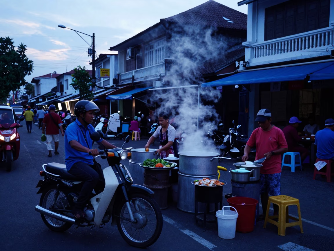 Nautical Dawn Street Scene in Surabaya Indonesia with Vintage Motorcycle and Local Market Activity in in Surabaya, Indonesia