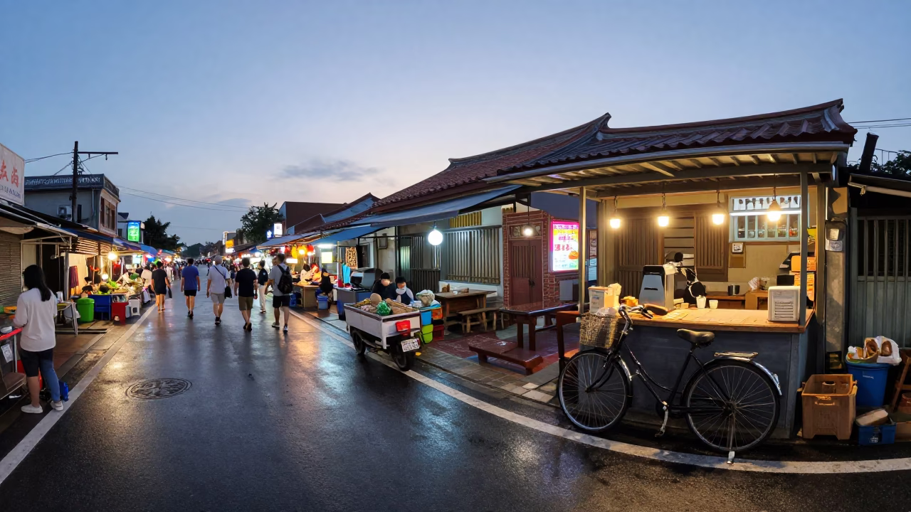 Nautical Dawn Street Scene in Tainan Taiwan with Bicycle and Market Stalls in in Tainan, Taiwan