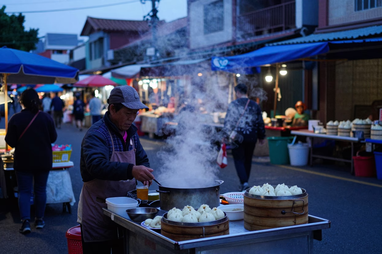 Nautical Dawn Street Scene in Tainan Taiwan with Local Morning Market Details in in Tainan, Taiwan