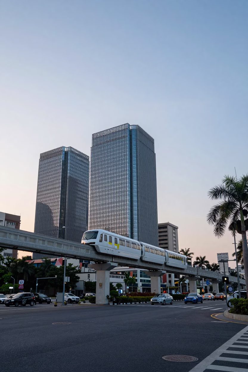 Nautical Dawn Street Scene in Tainan Taiwan with Monorail and Palm Trees in in Tainan, Taiwan