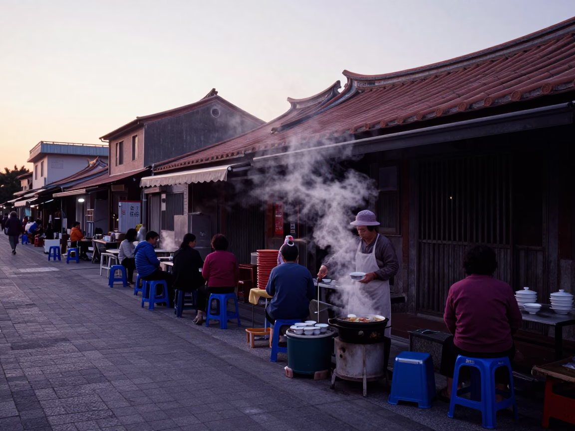 Nautical Dawn Street Scene in Tainan Taiwan with Morning Soup Bowls in in Tainan, Taiwan