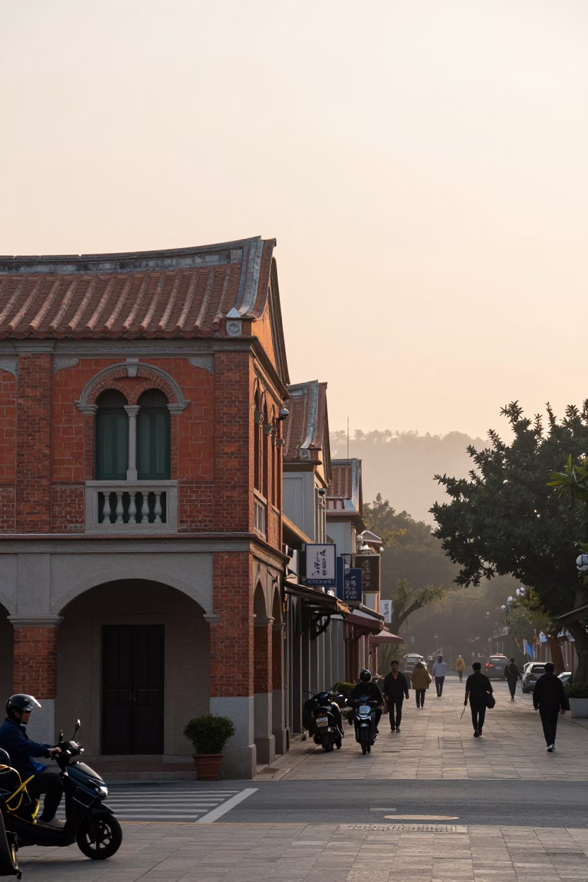 Nautical Dawn Street Scene in Tainan Taiwan with Traditional Architecture and Early Morning Activity in in Tainan, Taiwan