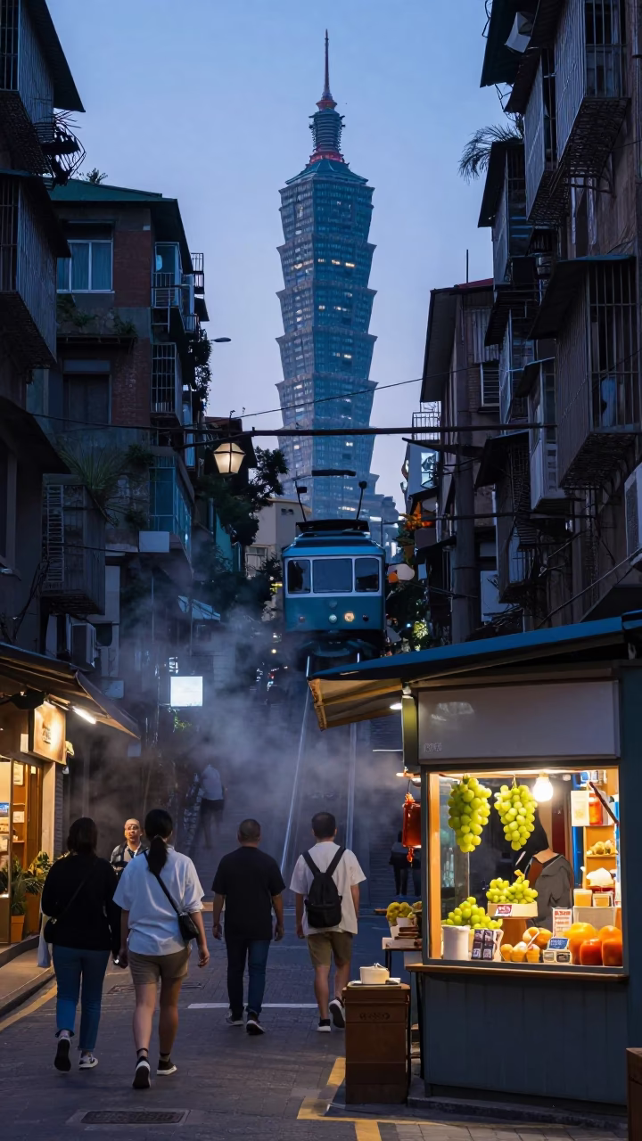 Nautical Dawn Street Scene in Taipei Taiwan with Funicular Railway and Local Morning Routine in in Taipei, Taiwan