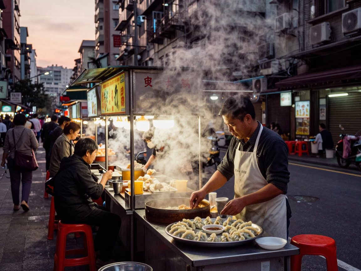 Nautical Dawn Street Scene in Taipei Taiwan with Local Food and Urban Architecture in in Taipei, Taiwan