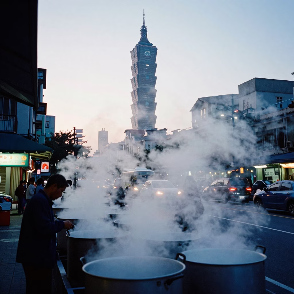 Nautical Dawn Street Scene in Taipei Taiwan with Steam and Early Morning Activity in in Taipei, Taiwan