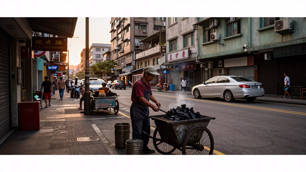 Nautical Dawn Street Scene in Taipei Taiwan with Vintage 1970s Atmosphere and Local Details in in Taipei, Taiwan