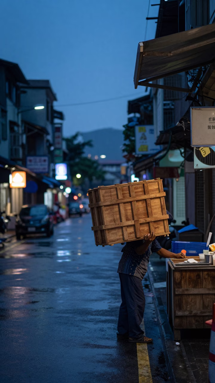 Nautical Dawn Street Scene in Taipei Taiwan with Worker and Wooden Crate in in Taipei, Taiwan