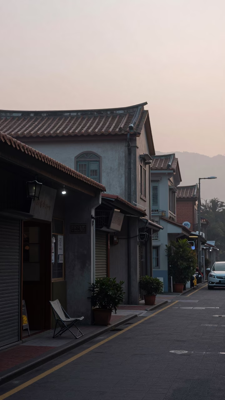 Nautical Dawn Street Scene in Taipei with Folding Chair and Toolbox in in Taipei, Taiwan