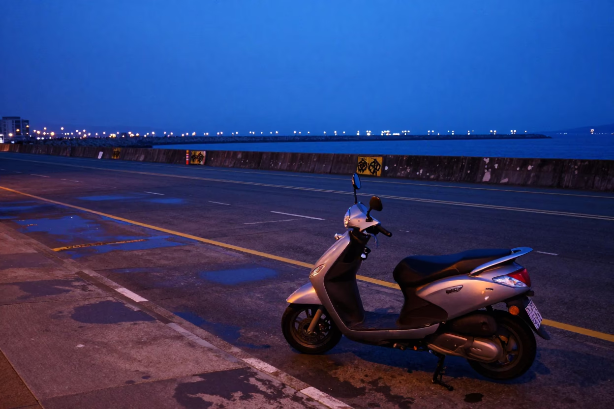 Nautical Dawn Street Scene in Taipei with Scooter and Harbor Breakwater Sky in in Taipei, Taiwan