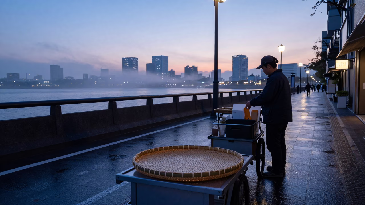 Nautical Dawn Street Scene in Tokyo Japan with Bamboo Tray and Basket in in Tokyo, Japan