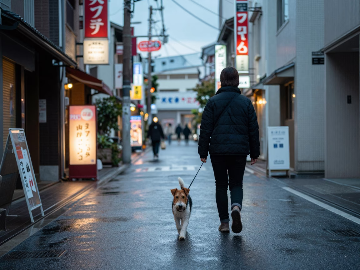 Nautical Dawn Street Scene in Tokyo Japan with Jagdterrier Walking on Sidewalk in in Tokyo, Japan