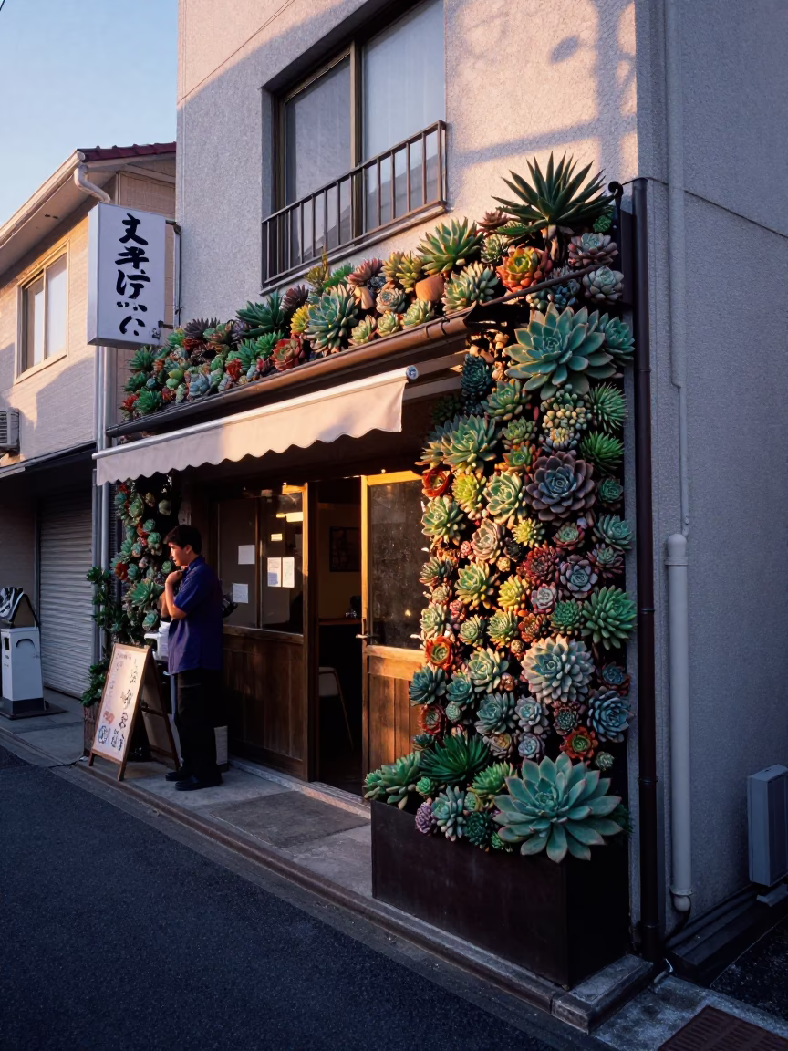 Nautical Dawn Street Scene in Tokyo Japan with Succulent Wall and Ramen Bowl in in Tokyo, Japan