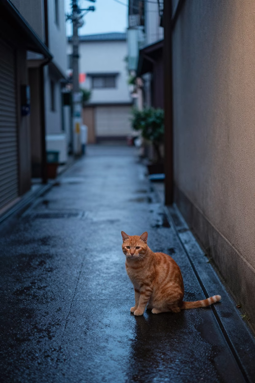 Nautical Dawn Street Scene in Tokyo with Ginger Cat and Wet Mud in in Tokyo, Japan