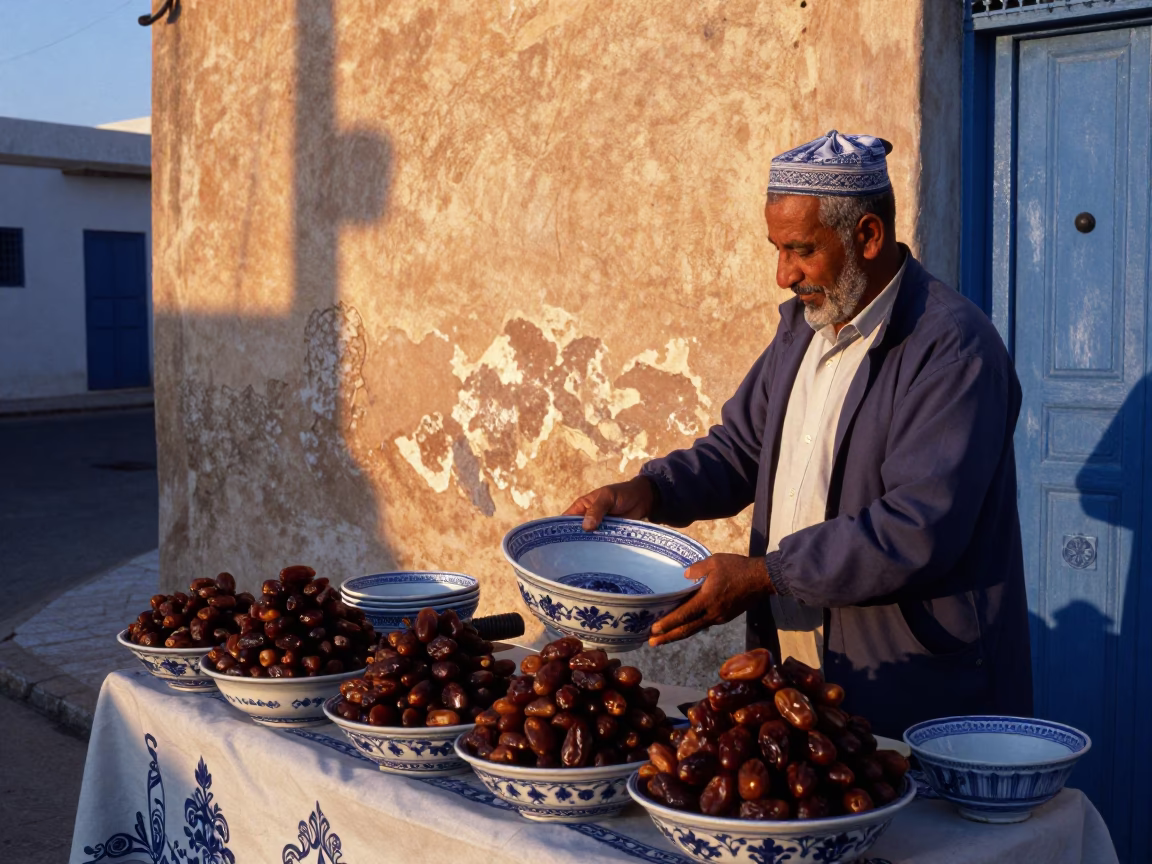 Nautical Dawn Street Scene in Tunis Tunisia with Blue White Porcelain Bowl in in Tunis, Tunisia