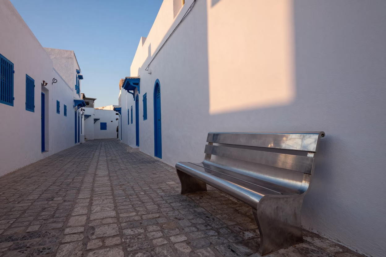 Nautical Dawn Street Scene in Tunis Tunisia with Brushed Steel Bench and Paperbacks in in Tunis, Tunisia