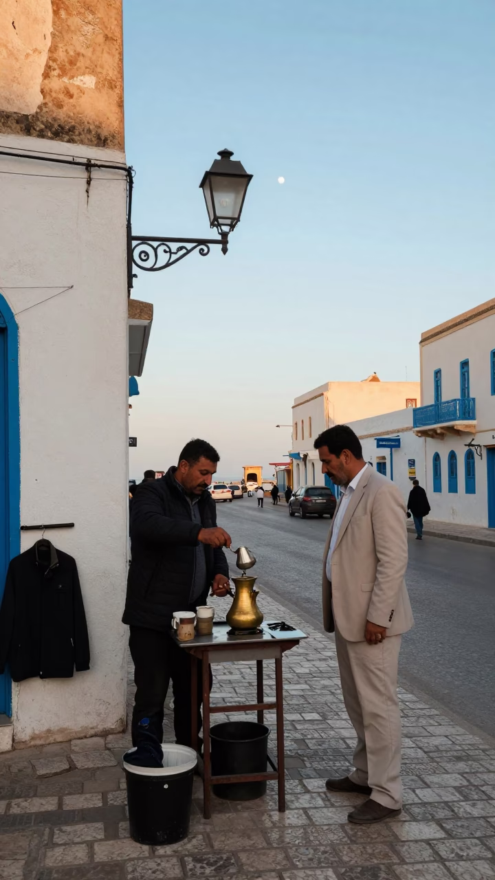 Nautical Dawn Street Scene in Tunis Tunisia with Coffee Vendor and Early Commuters in in Tunis, Tunisia