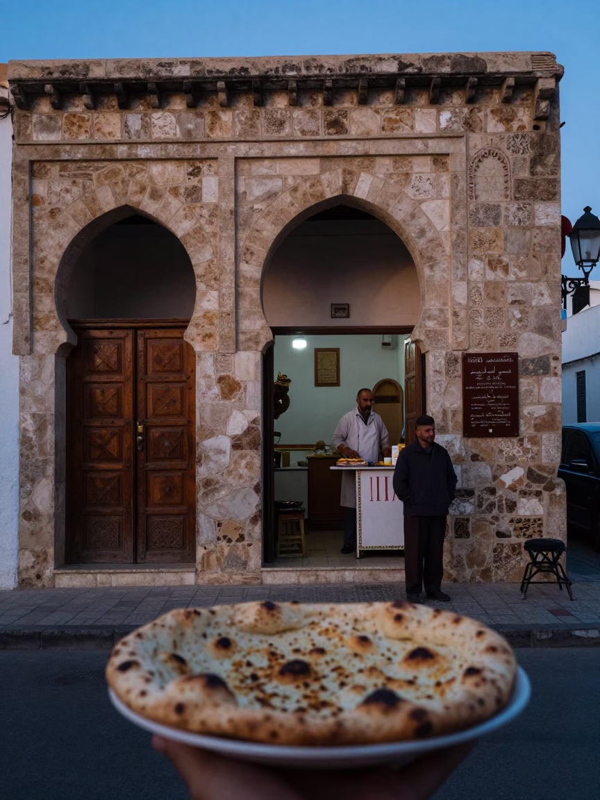 Nautical Dawn Street Scene in Tunis Tunisia with Plate of Naan in in Tunis, Tunisia