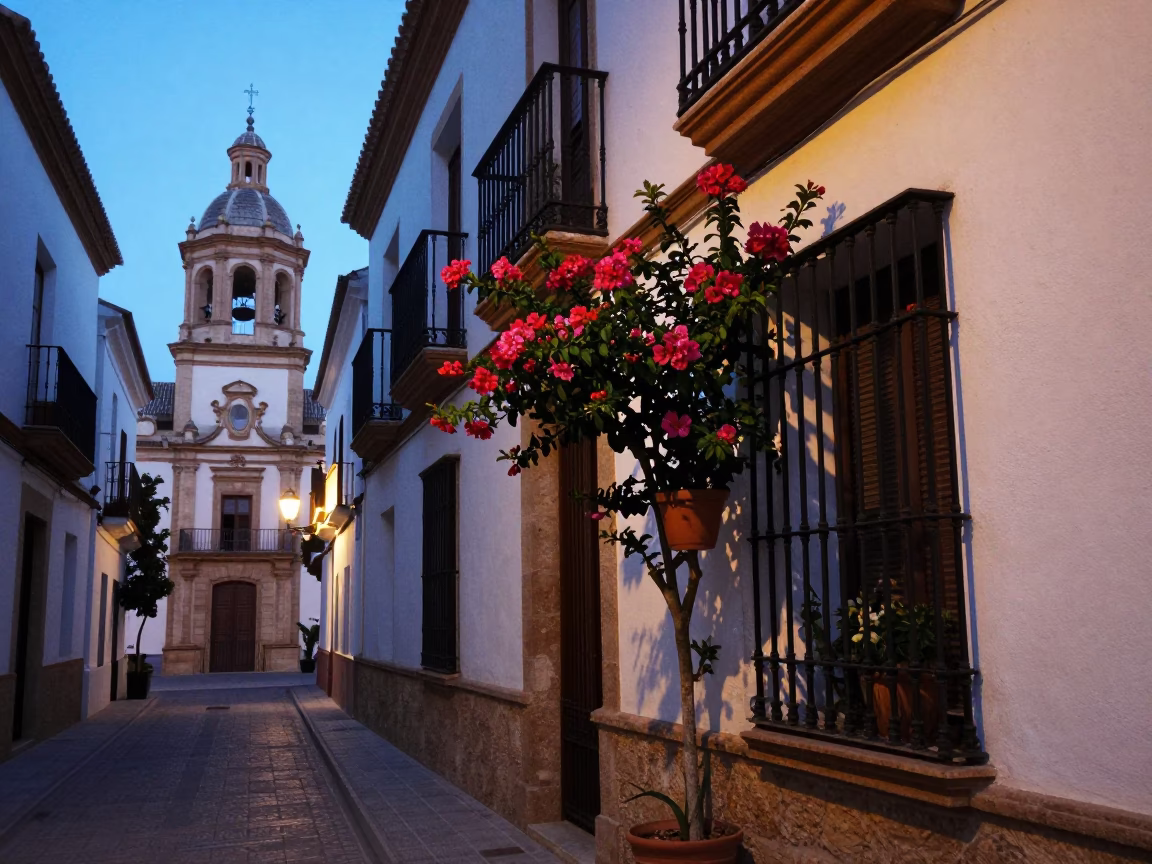 Nautical Dawn Street Scene in Valencia Spain with Flowering Plant and Local Market Activity in in Valencia, Spain