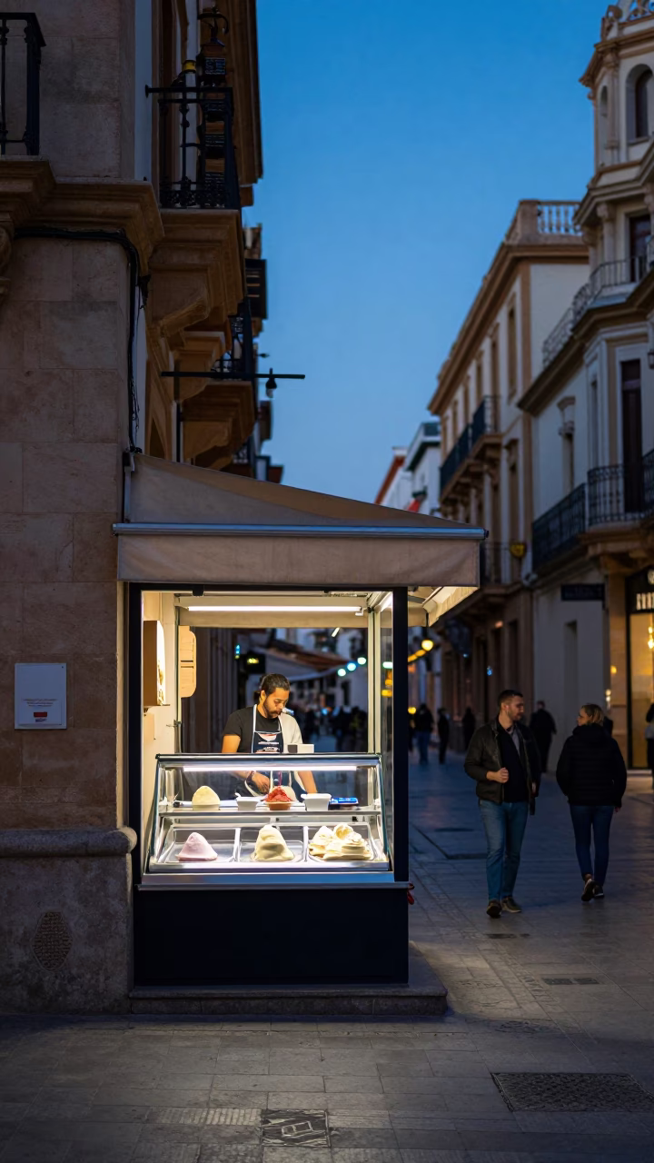 Nautical Dawn Street Scene in Valencia Spain with Gelato Display and Urban Morning Light in in Valencia, Spain